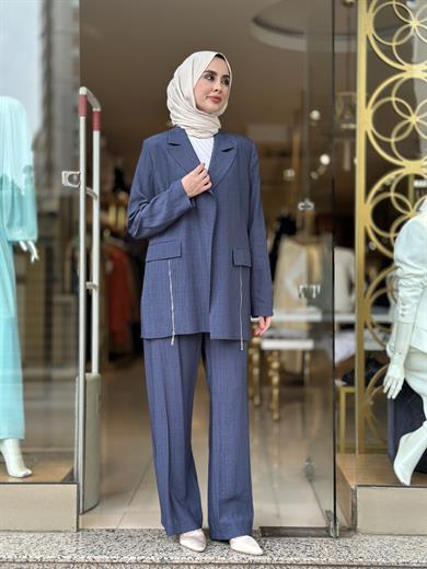 Fermuar Detaylı Blazer Takım - İndigo 