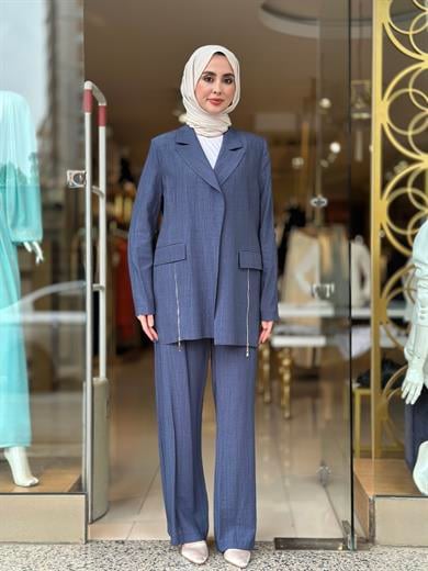 Fermuar Detaylı Blazer Takım - İndigo 