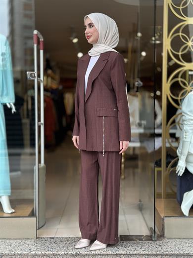 Fermuar Detaylı Blazer Takım - Kahverengi