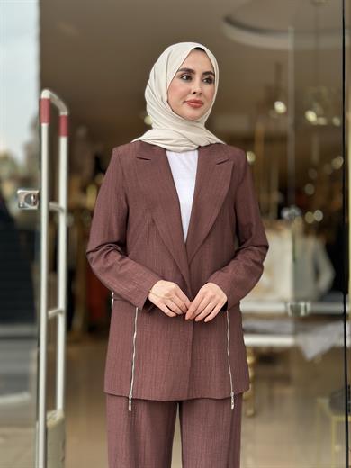 Fermuar Detaylı Blazer Takım - Kahverengi