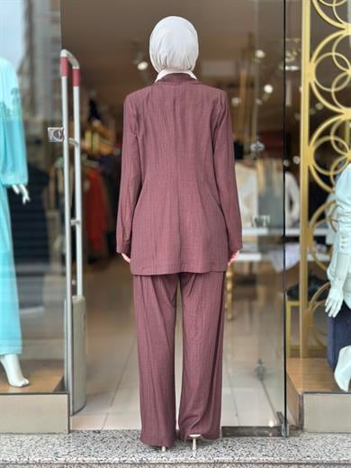 Fermuar Detaylı Blazer Takım - Kahverengi