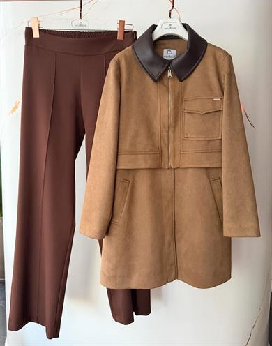 Fermuar Detaylı Çıtçıtlı Süet Kap - Camel