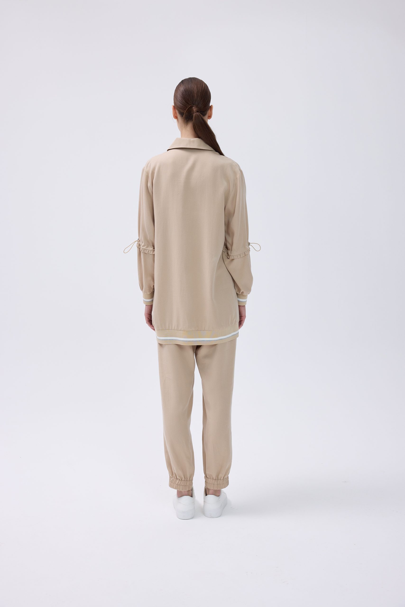 Fermuarlı Ceketli  Tencel İşlemeli Pant Takım - Bej