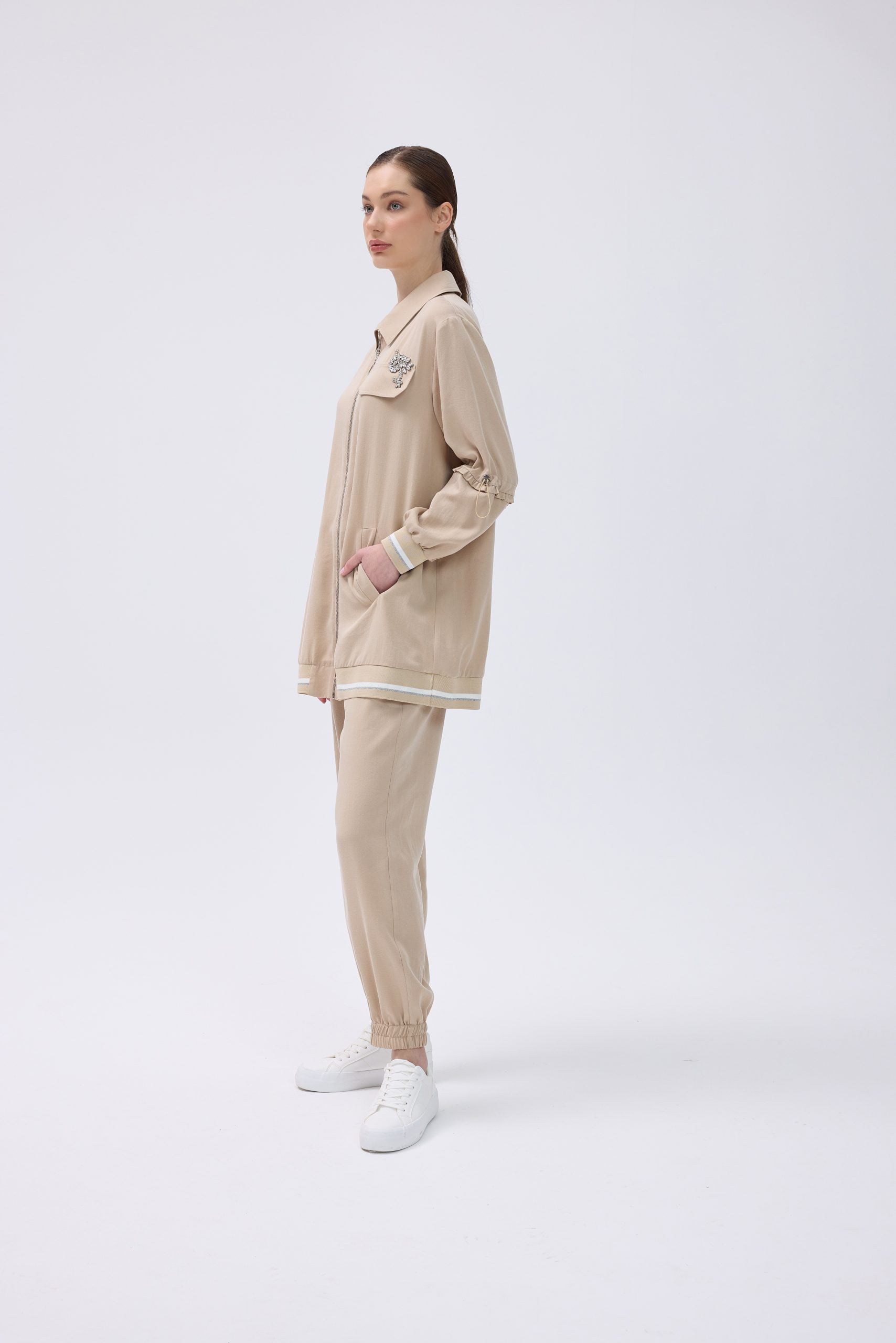 Fermuarlı Ceketli  Tencel İşlemeli Pant Takım - Bej