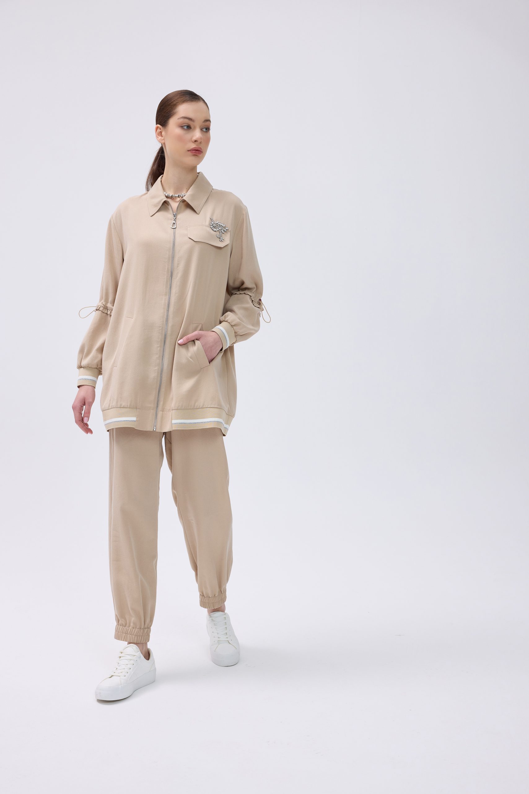 Fermuarlı Ceketli  Tencel İşlemeli Pant Takım - Bej