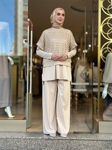 File Bluzlu Pamuklu Üçlü Takım - Bej