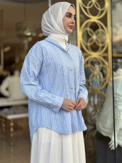 Fırfır Detay Kapişonlu Tunik - Mavi