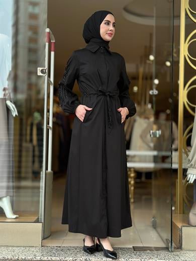 İnci Detay Gömlek Elbise - Siyah