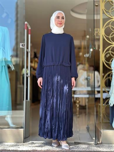 İnci İşlemeli Krep Kırıştırma Elbise - Lacivert