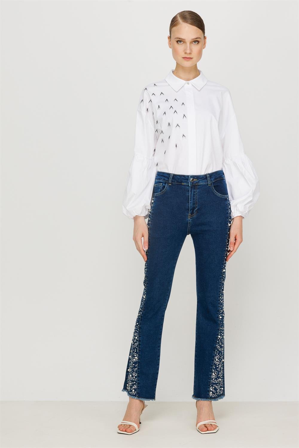 İşleme Detaylı Denim Pantolon - Koyu Mavi