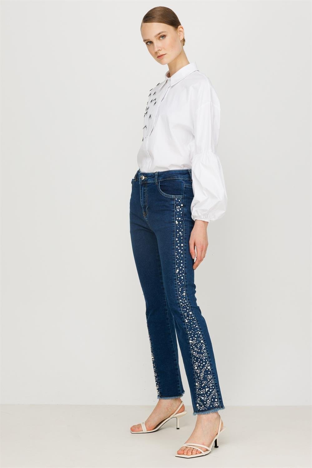 İşleme Detaylı Denim Pantolon - Koyu Mavi