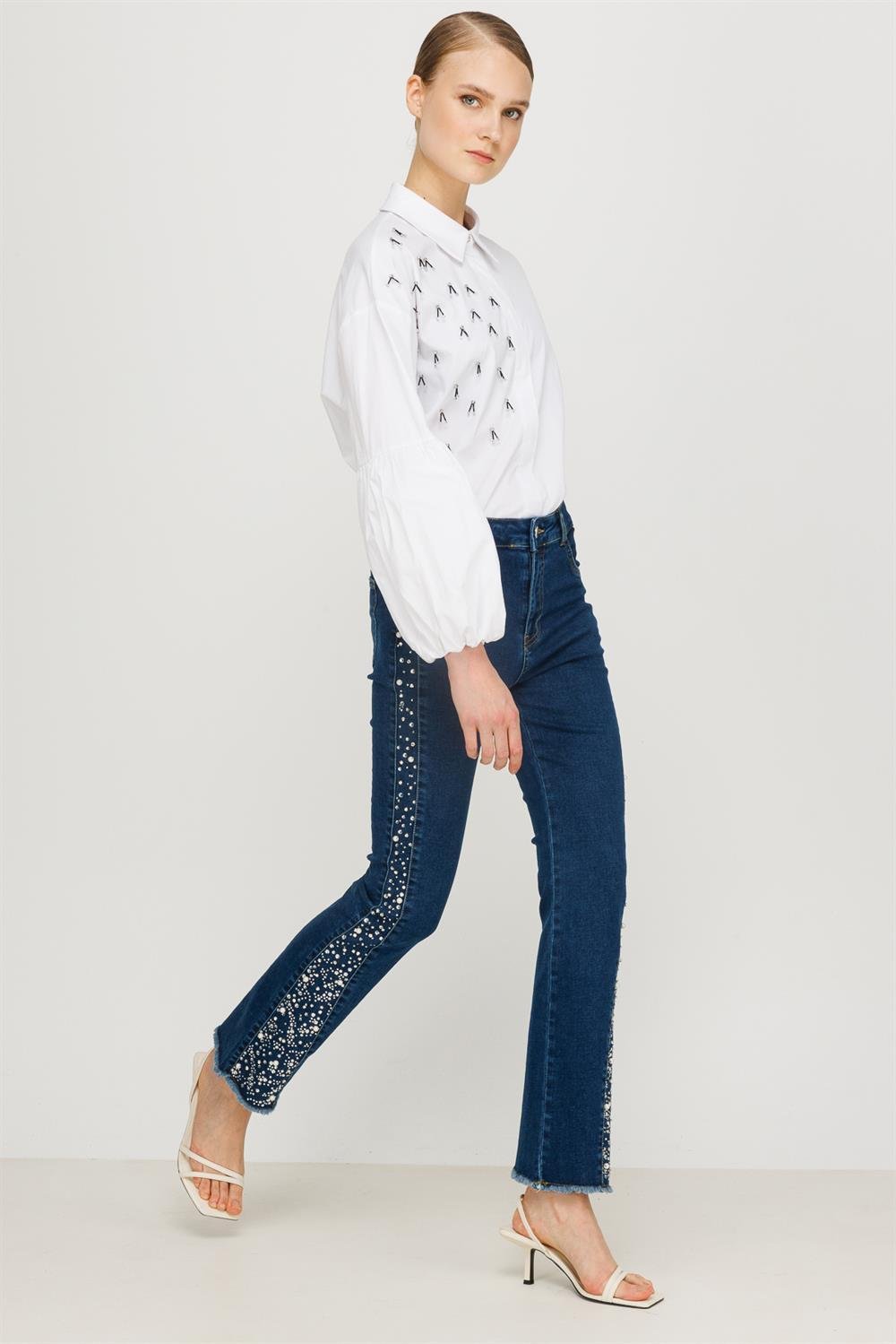 İşleme Detaylı Denim Pantolon - Koyu Mavi