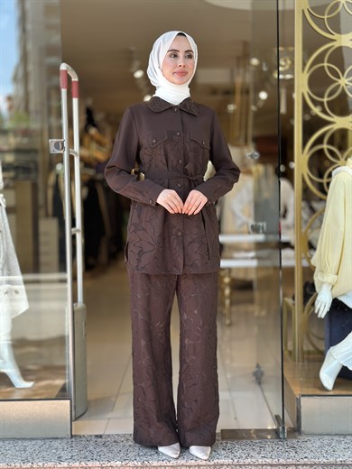 Kabartmalı Dantel Takım - Kahverengi 