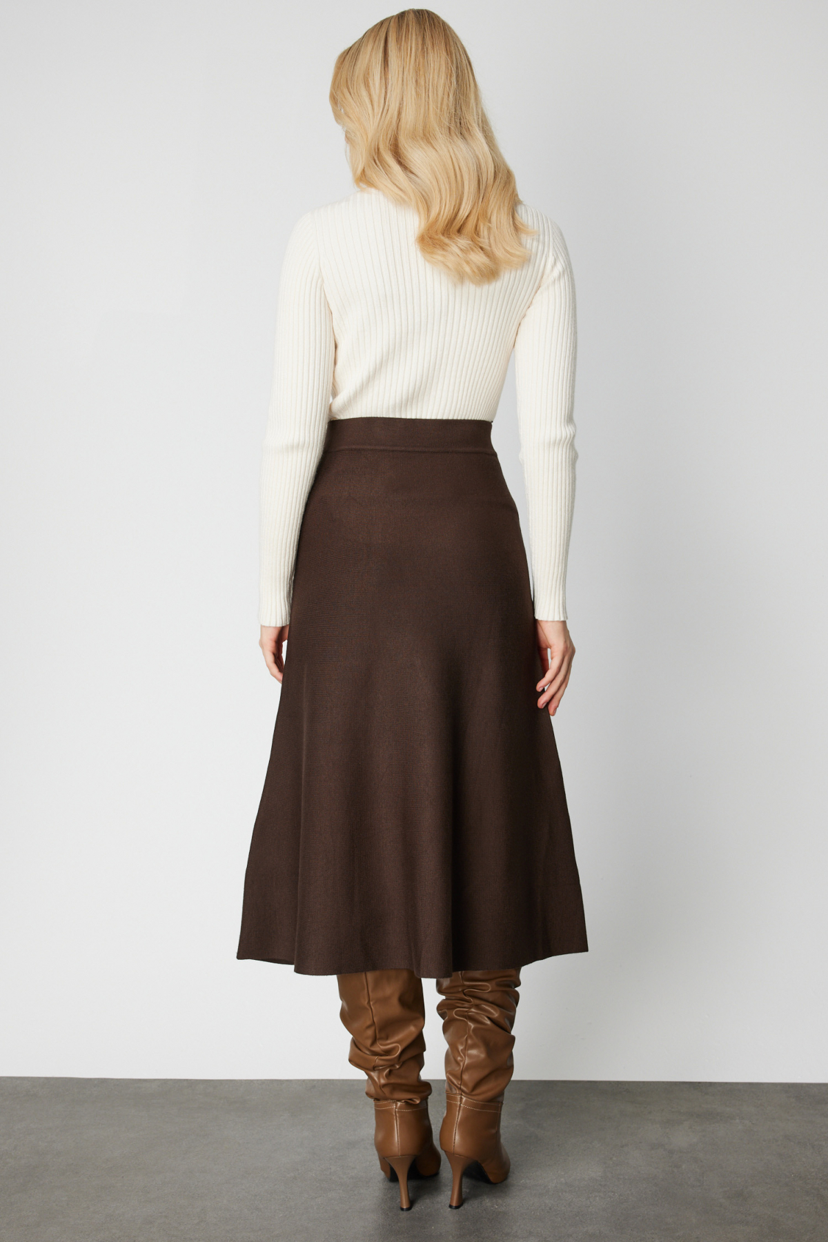 Kalın Bel Triko Etek - Kahverengi