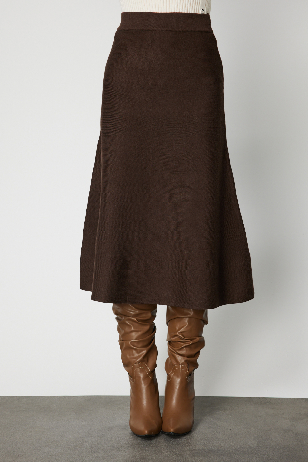 Kalın Bel Triko Etek - Kahverengi