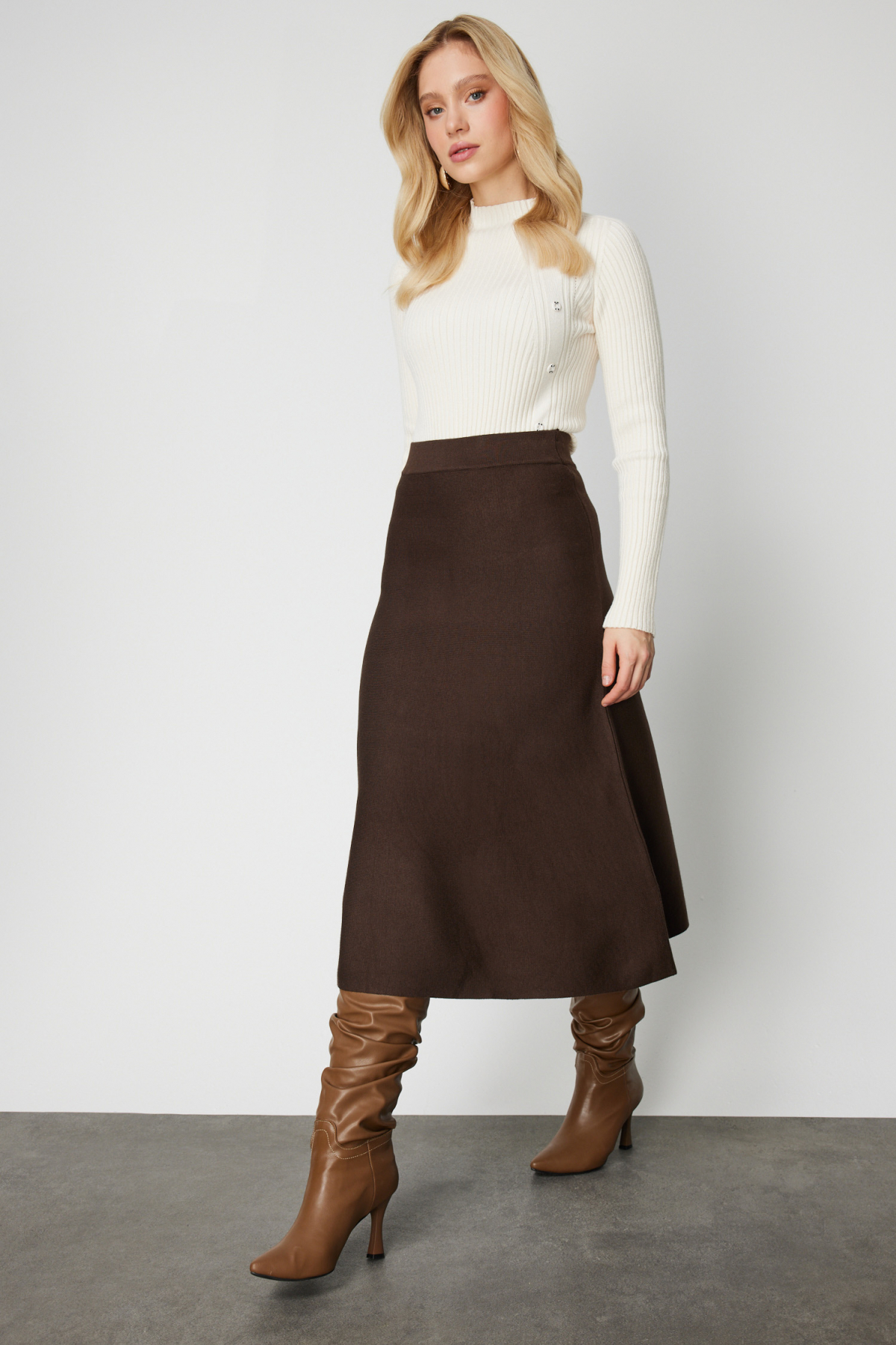 Kalın Bel Triko Etek - Kahverengi
