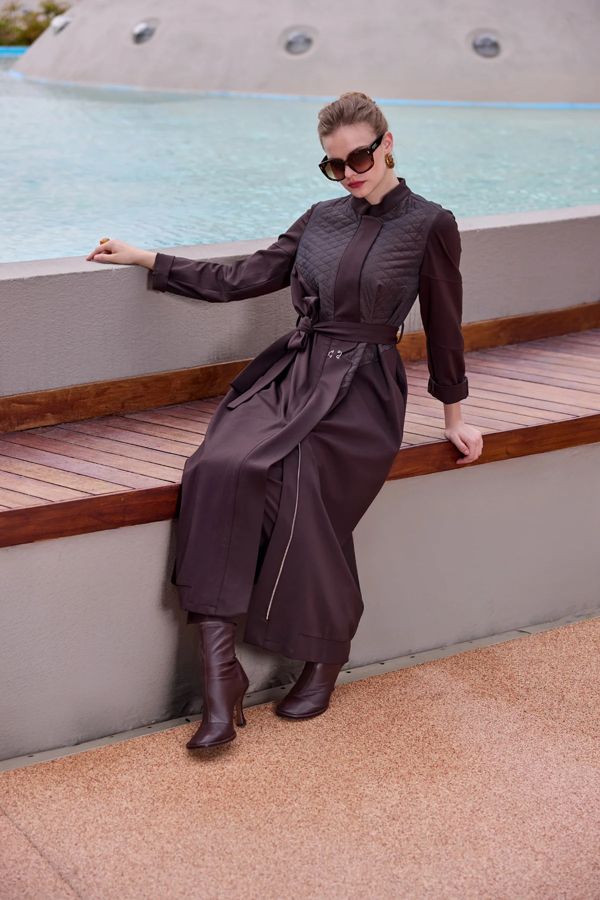 Kapitone Detaylı Pardesü - Kahve