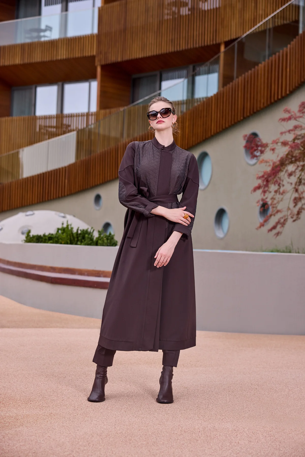 Kapitone Detaylı Pardesü - Kahve