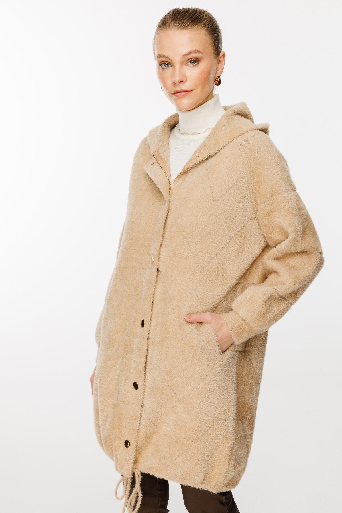 Kapüşonlu Kaban Angora - Camel