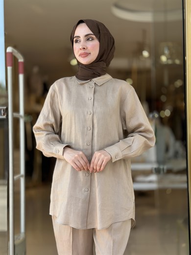 Keten Pantolonlu Takım - Camel 