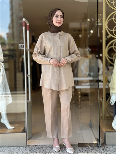 Keten Pantolonlu Takım - Camel 