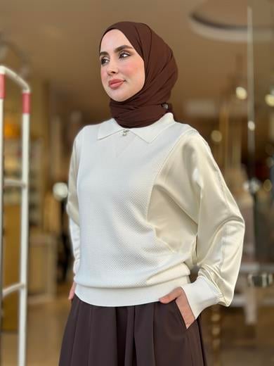 Kol Taş İşlemeli Saten Merserize Tunik - Kemik