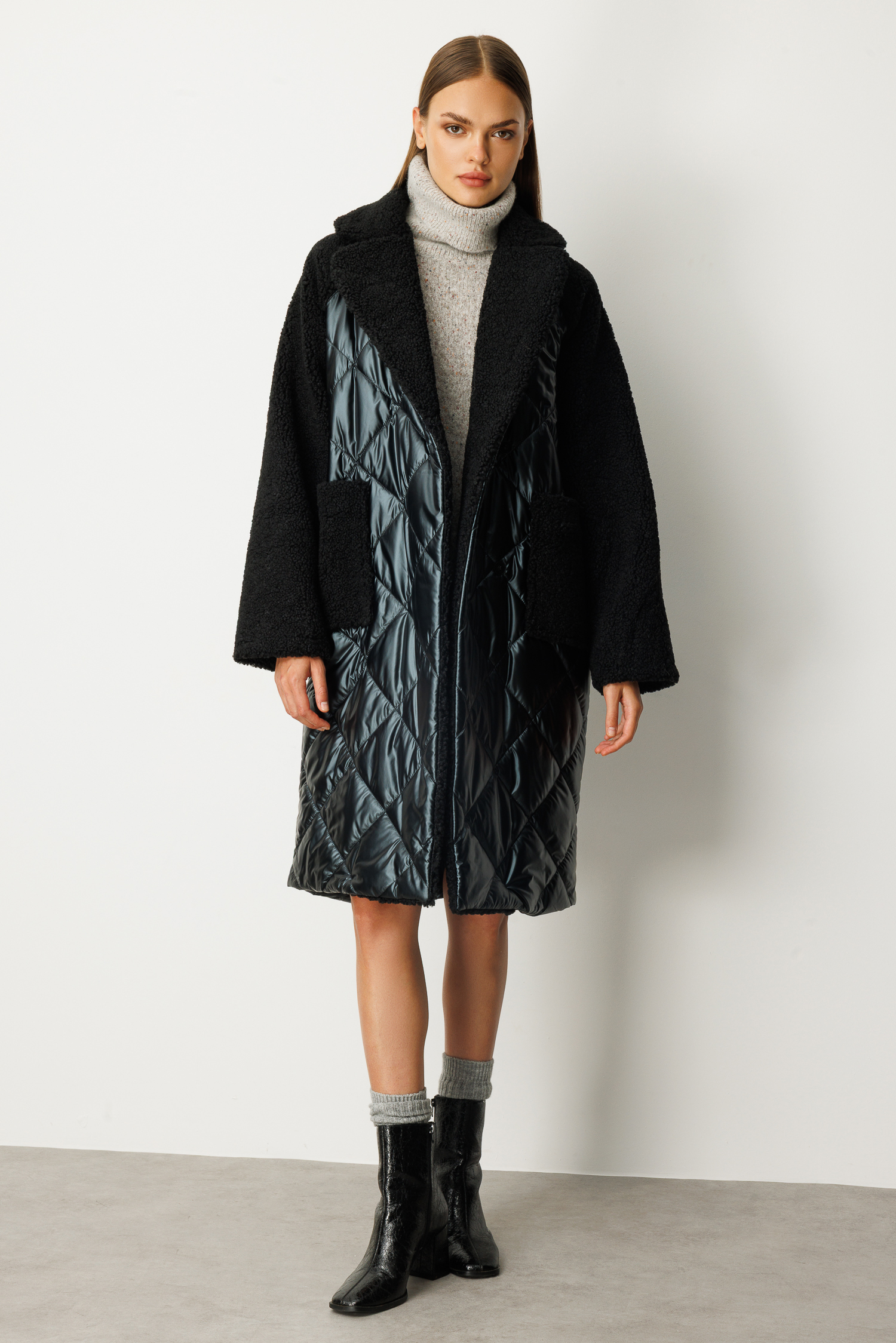 Kolları Peluş Parlak Kaptione Kaban - Siyah