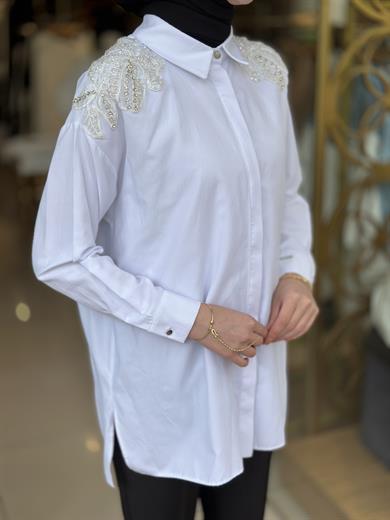 Kristal Boncuk İşlemeli Gömlek - Beyaz