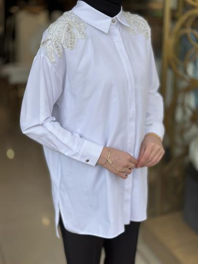 Kristal Boncuk İşlemeli Gömlek - Beyaz
