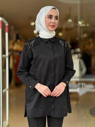 Kristal Boncuk İşlemeli Gömlek - Siyah 