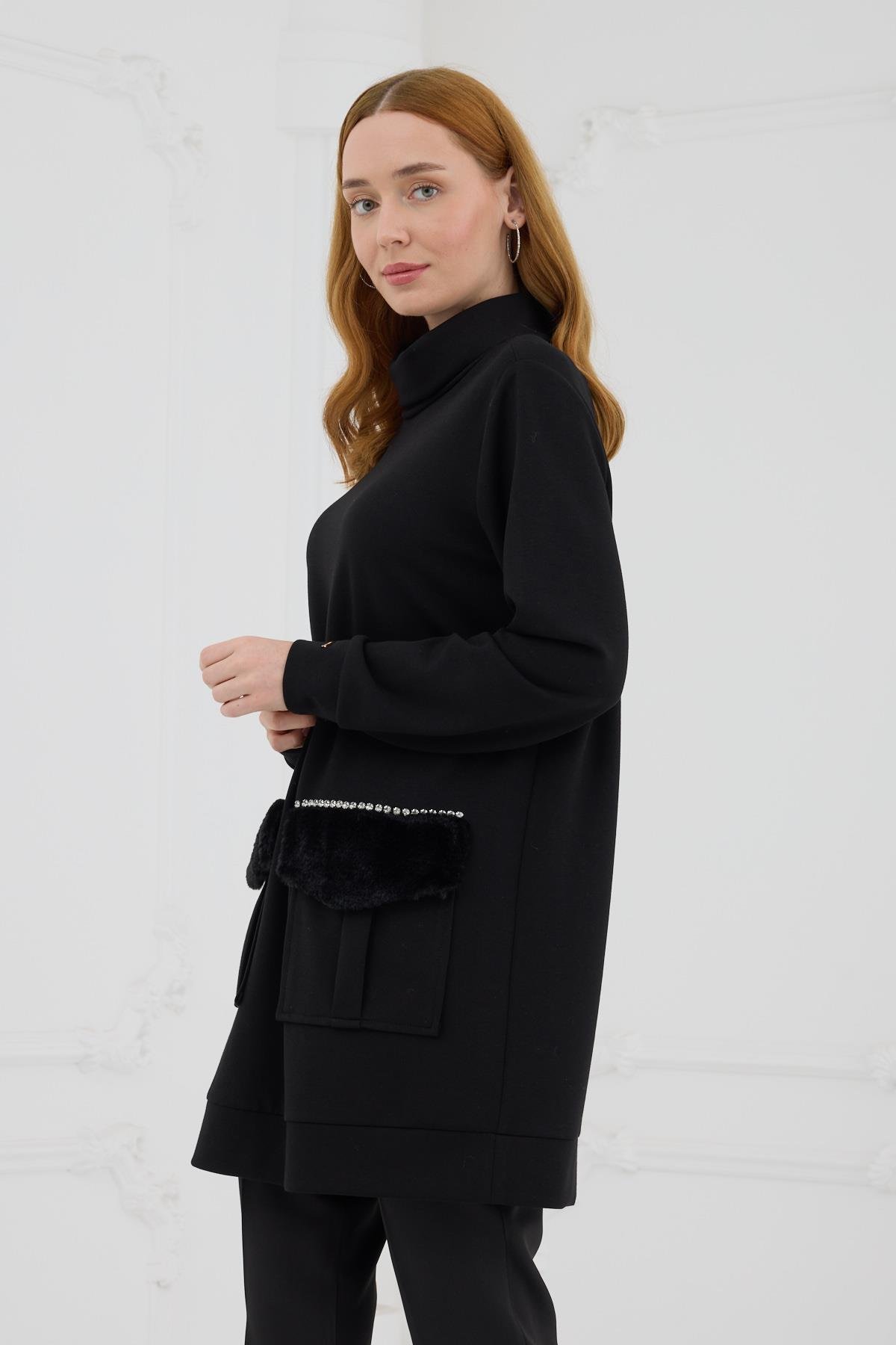 Kürk Cepli Sweatshirt - Siyah