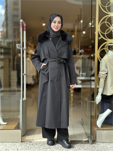 Kürklü Rose Trençkot - Siyah