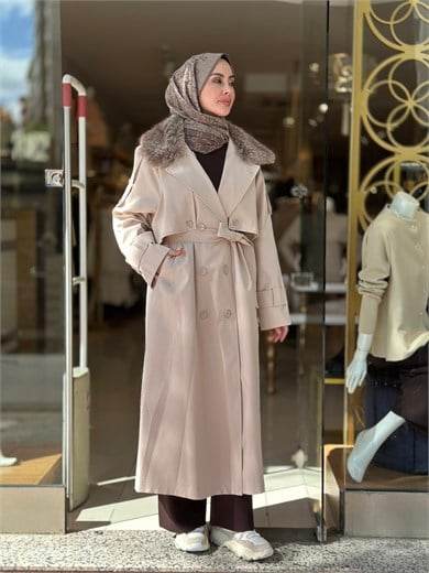 Kürklü Rose Trençkot - Taş