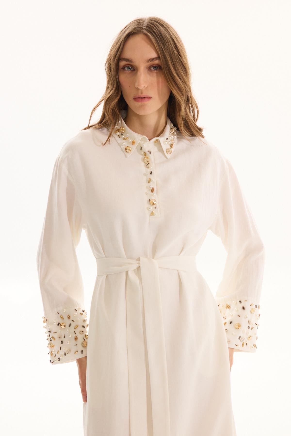 Linen Keten Elbise - Ekru