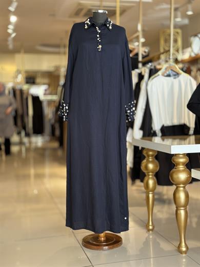 Linen Keten Elbise - Lacivert