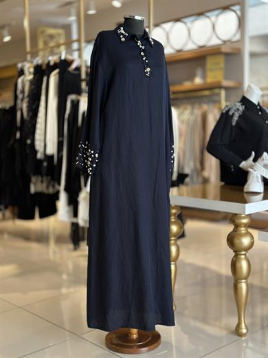 Linen Keten Elbise - Lacivert