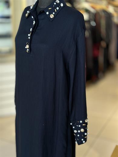 Linen Keten Elbise - Lacivert