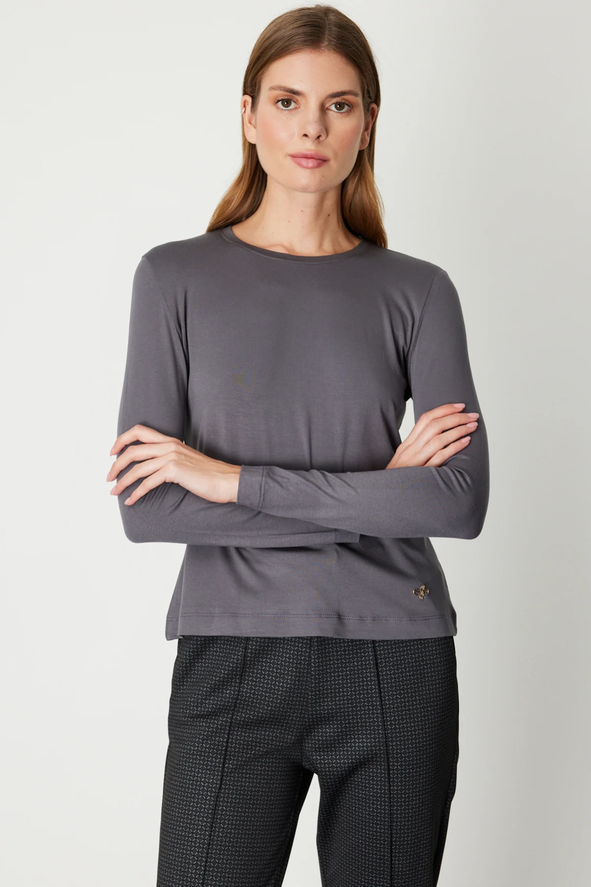 Metal Aksesuarlı Sıfır Yaka Basic Bluz - Antresit