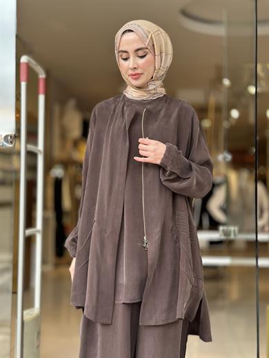 Misswhence İpek Cupra Pantolon Üçlü Takım - Kahverengi