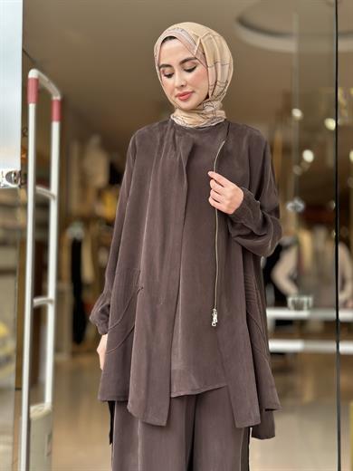 Misswhence İpek Cupra Pantolon Üçlü Takım - Kahverengi