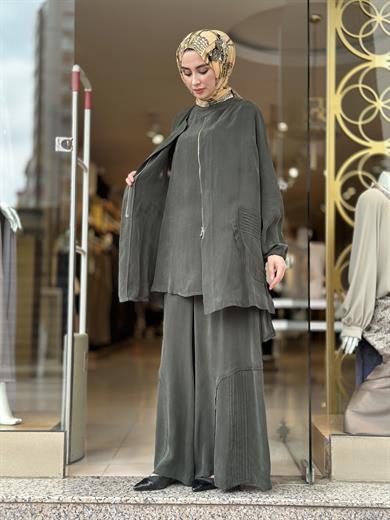 Misswhence İpek Cupra Pantolon Üçlü Takım - Yeşil