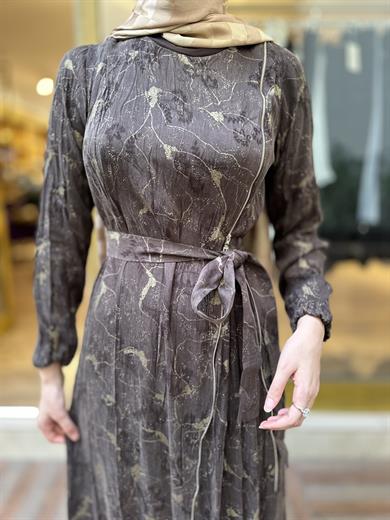 MissWhence Jakarlı İpek Elbise - Kahve