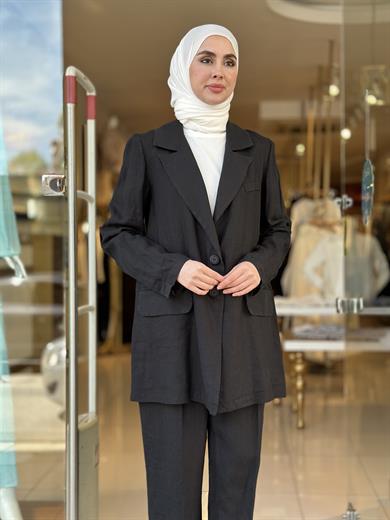 MissWhence Keten Pantolonlu Takım - Siyah