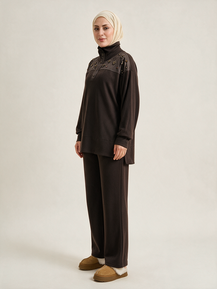 Modal Sweatshirt Pantolon Takım - Kahve