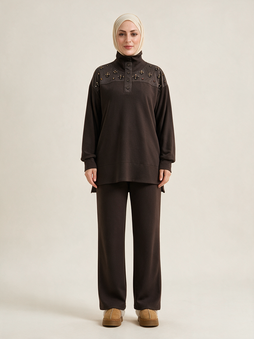 Modal Sweatshirt Pantolon Takım - Kahve