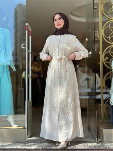 Nakış İşlemeli Boncuk Detay Elbise - Bej