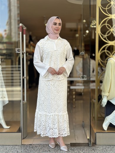 Poplin Brodeli Etekli Takım - Ekru 