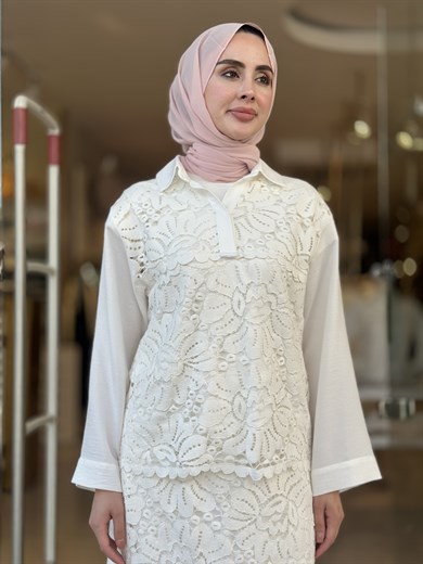 Poplin Brodeli Etekli Takım - Ekru 