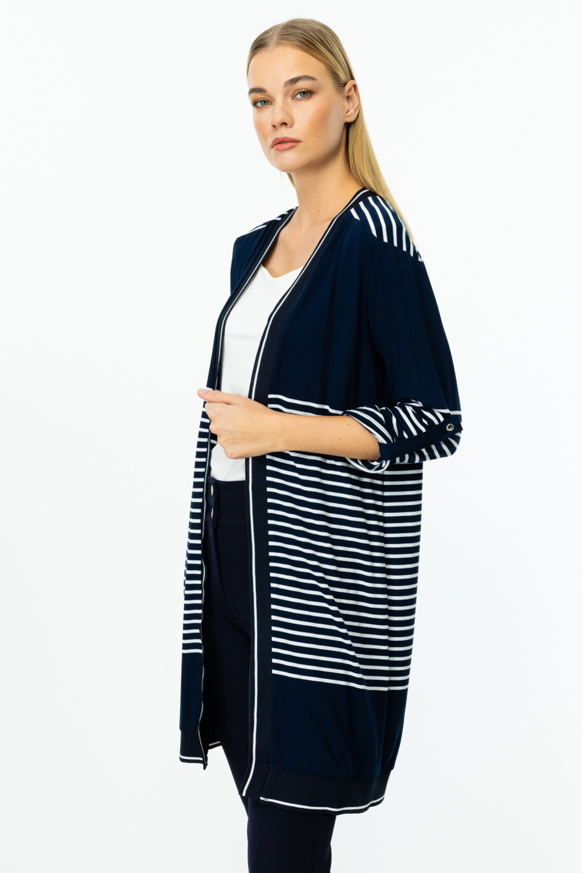 Ribanalı Çizgii Uzun Hırka - Lacivert