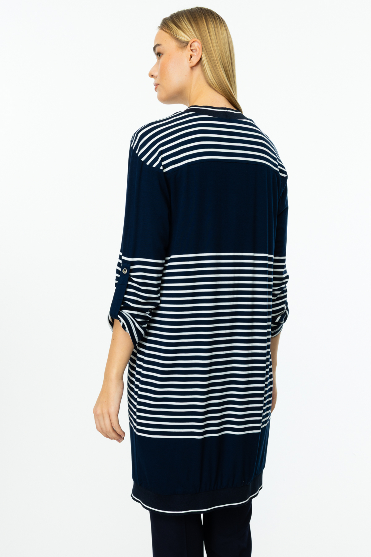 Ribanalı Çizgii Uzun Hırka - Lacivert